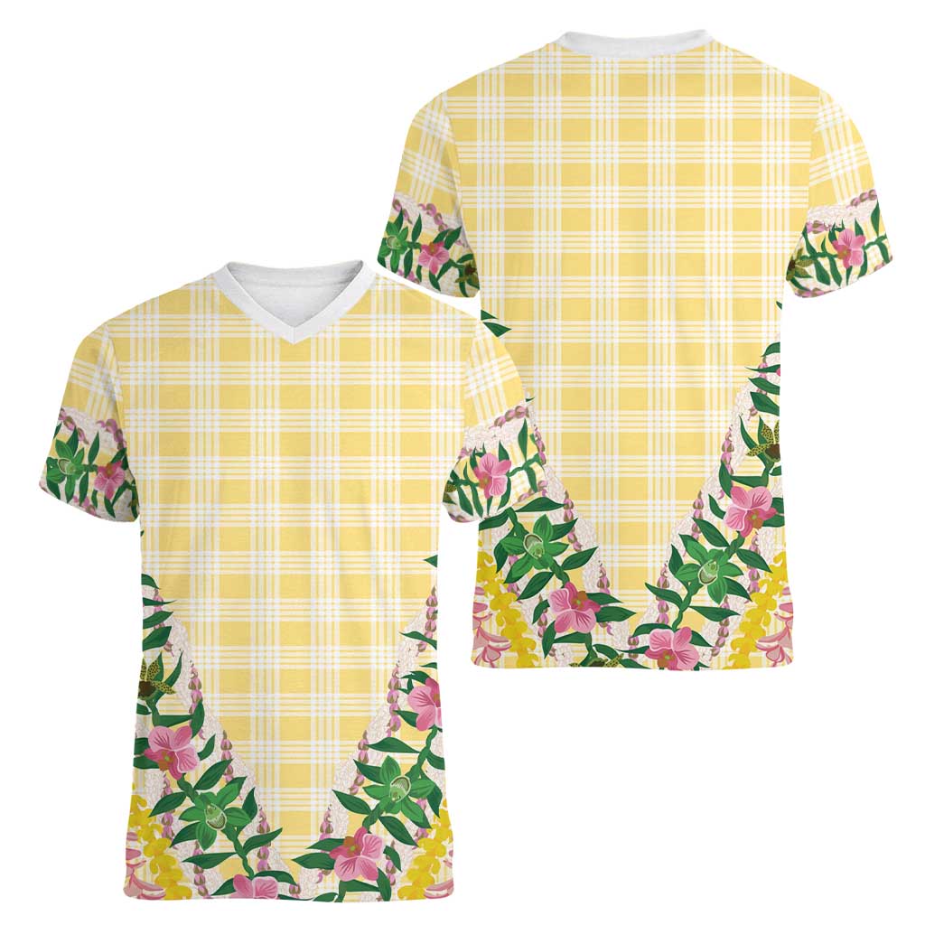 Hawaii Pikake Lokelani Plumeria Lei Women V-Neck T-Shirt Yellow Palaka Motifs