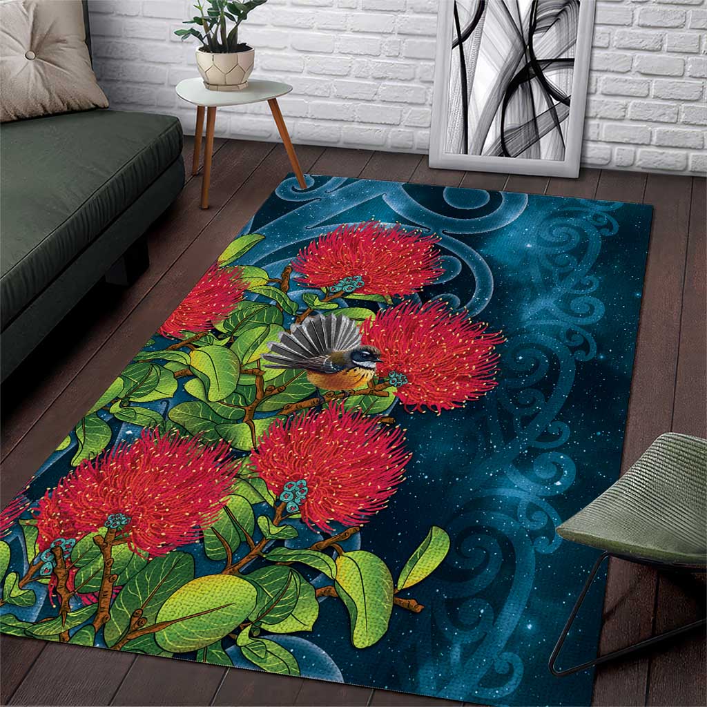 New Zealand Matariki Piwakawaka Area Rug Maori Koru With Pohutukawa Flowers LT05 Dark Teal - Polynesian Pride