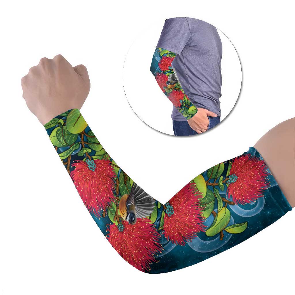 New Zealand Matariki Piwakawaka Arm Sleeves Maori Koru With Pohutukawa Flowers LT05 Set of 2 Dark Teal - Polynesian Pride