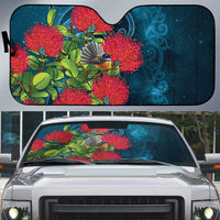 New Zealand Matariki Piwakawaka Auto Sun Shade Maori Koru With Pohutukawa Flowers LT05 Dark Teal - Polynesian Pride