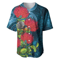New Zealand Matariki Piwakawaka Baseball Jersey Maori Koru With Pohutukawa Flowers LT05 Dark Teal - Polynesian Pride