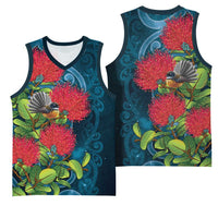 New Zealand Matariki Piwakawaka Basketball Jersey Maori Koru With Pohutukawa Flowers