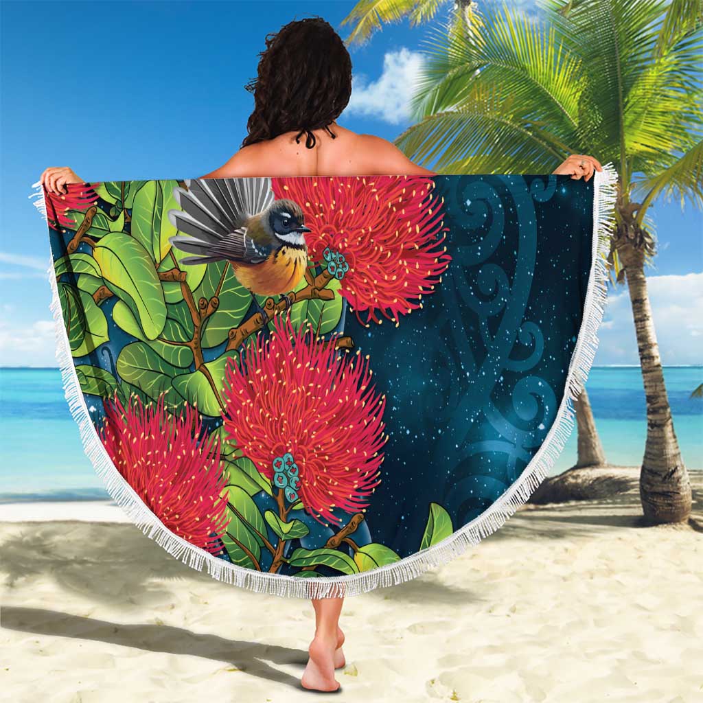 New Zealand Matariki Piwakawaka Beach Blanket Maori Koru With Pohutukawa Flowers LT05 - Polynesian Pride