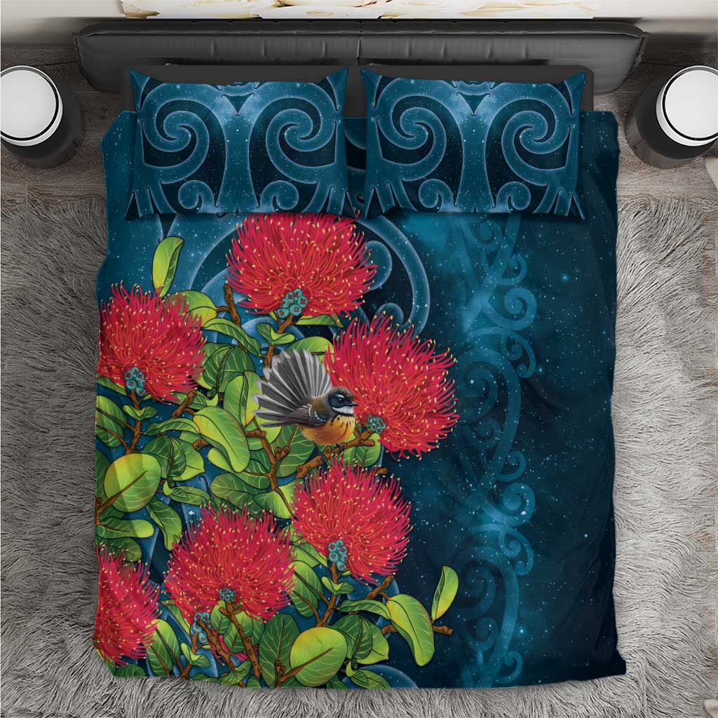 New Zealand Matariki Piwakawaka Bedding Set Maori Koru With Pohutukawa Flowers LT05 Dark Teal - Polynesian Pride