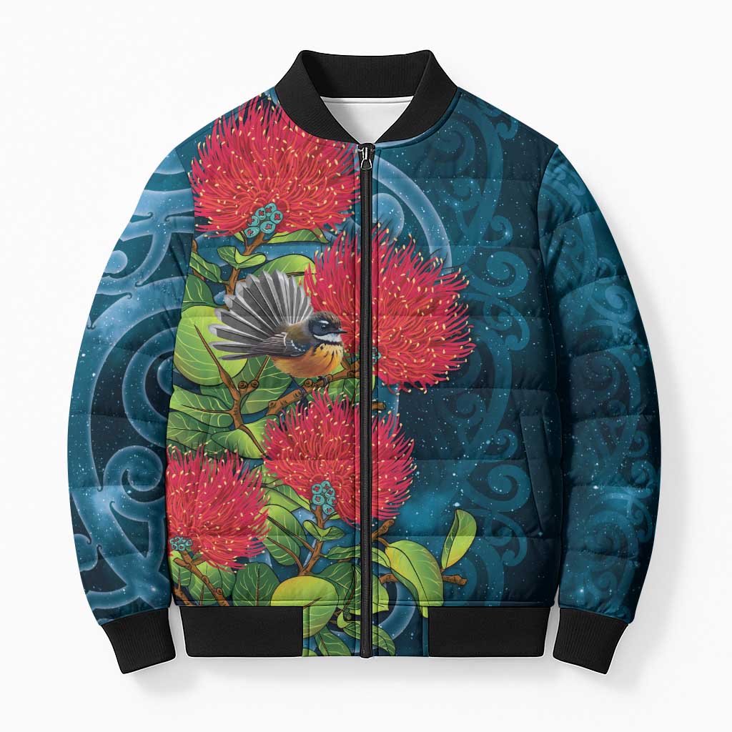 New Zealand Matariki Piwakawaka Bomber Puffer Jacket Maori Koru With Pohutukawa Flowers LT05 Unisex Dark Teal - Polynesian Pride