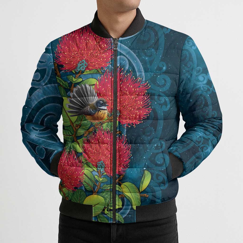 New Zealand Matariki Piwakawaka Bomber Puffer Jacket Maori Koru With Pohutukawa Flowers LT05 - Polynesian Pride