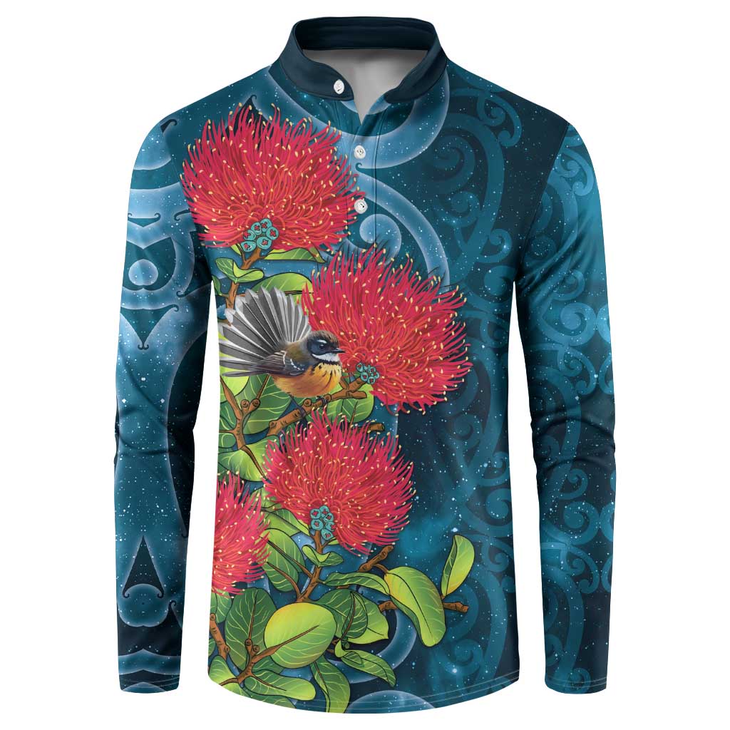 New Zealand Matariki Piwakawaka Button Sweatshirt Maori Koru With Pohutukawa Flowers LT05 Dark Teal - Polynesian Pride