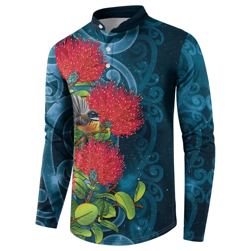 New Zealand Matariki Piwakawaka Button Sweatshirt Maori Koru With Pohutukawa Flowers LT05 - Polynesian Pride