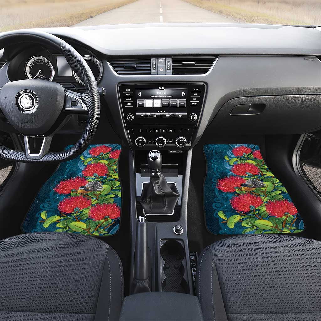 New Zealand Matariki Piwakawaka Car Mats Maori Koru With Pohutukawa Flowers LT05 Set 2pcs - Front Dark Teal - Polynesian Pride