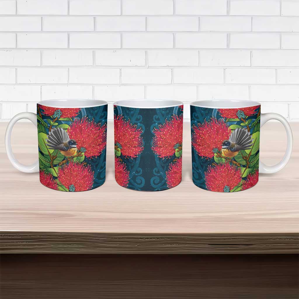 New Zealand Matariki Piwakawaka Ceramic Mug Maori Koru With Pohutukawa Flowers LT05 - Polynesian Pride