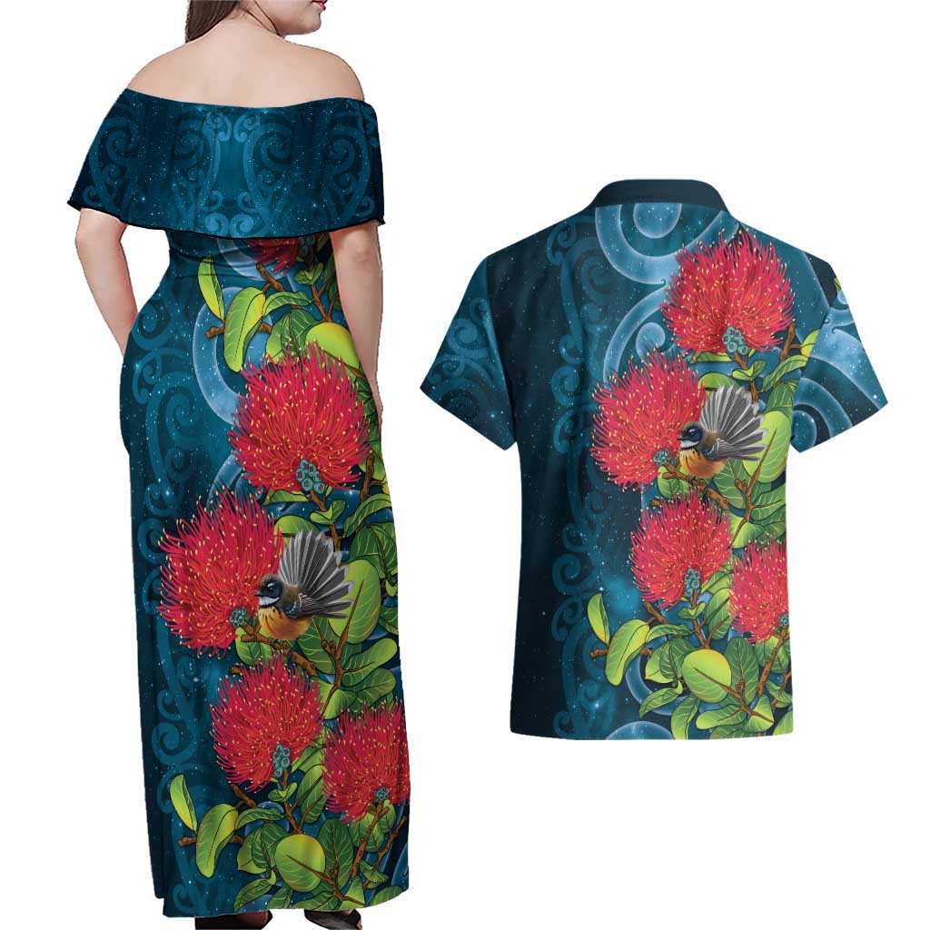 New Zealand Matariki Piwakawaka Couples Matching Off Shoulder Maxi Dress and Hawaiian Shirt Maori Koru With Pohutukawa Flowers LT05 - Polynesian Pride