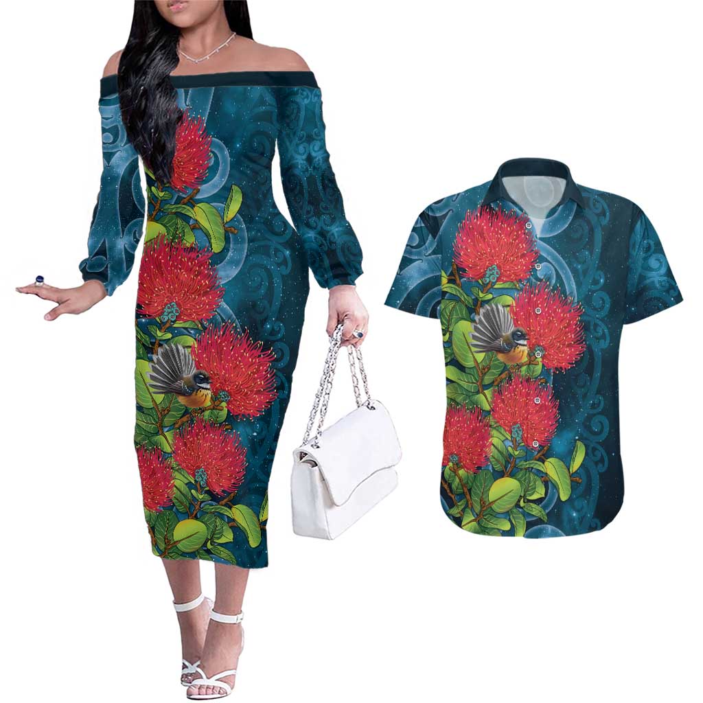 New Zealand Matariki Piwakawaka Couples Matching Off The Shoulder Long Sleeve Dress and Hawaiian Shirt Maori Koru With Pohutukawa Flowers LT05 Dark Teal - Polynesian Pride