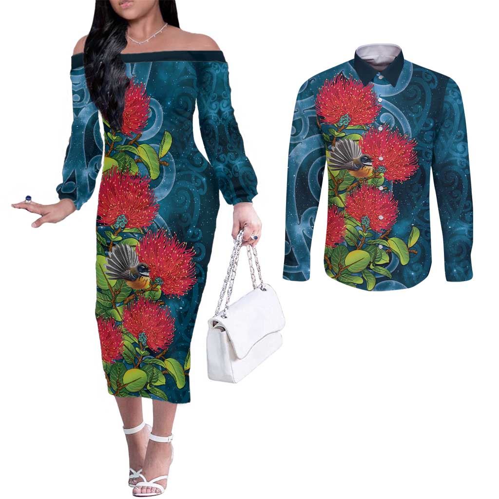 New Zealand Matariki Piwakawaka Couples Matching Off The Shoulder Long Sleeve Dress and Long Sleeve Button Shirt Maori Koru With Pohutukawa Flowers LT05 Dark Teal - Polynesian Pride