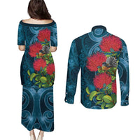 New Zealand Matariki Piwakawaka Couples Matching Puletasi and Long Sleeve Button Shirt Maori Koru With Pohutukawa Flowers