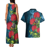 New Zealand Matariki Piwakawaka Couples Matching Tank Maxi Dress and Hawaiian Shirt Maori Koru With Pohutukawa Flowers LT05 - Polynesian Pride