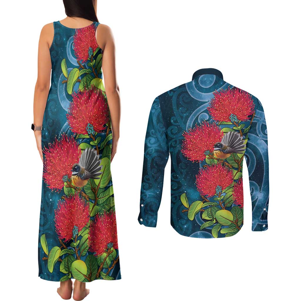 New Zealand Matariki Piwakawaka Couples Matching Tank Maxi Dress and Long Sleeve Button Shirt Maori Koru With Pohutukawa Flowers LT05 - Polynesian Pride