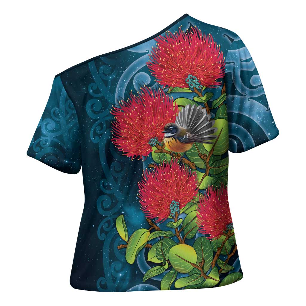 New Zealand Matariki Piwakawaka Cross Shoulder Shirt Maori Koru With Pohutukawa Flowers