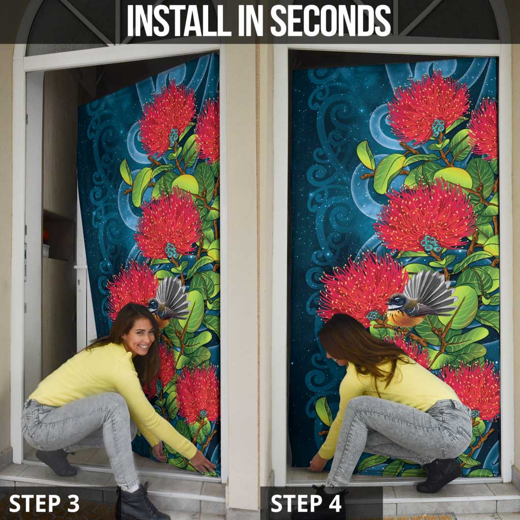 New Zealand Matariki Piwakawaka Door Cover Maori Koru With Pohutukawa Flowers