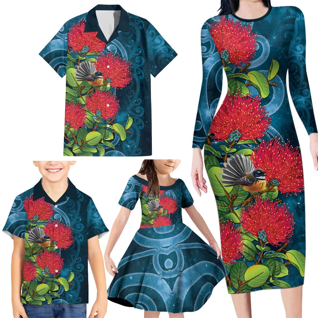 New Zealand Matariki Piwakawaka Family Matching Long Sleeve Bodycon Dress and Hawaiian Shirt Maori Koru With Pohutukawa Flowers LT05 - Polynesian Pride