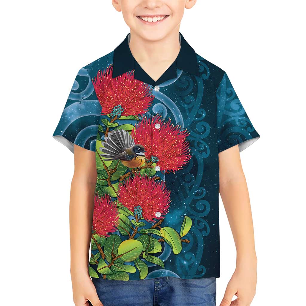 New Zealand Matariki Piwakawaka Family Matching Long Sleeve Bodycon Dress and Hawaiian Shirt Maori Koru With Pohutukawa Flowers LT05 Son's Shirt Dark Teal - Polynesian Pride