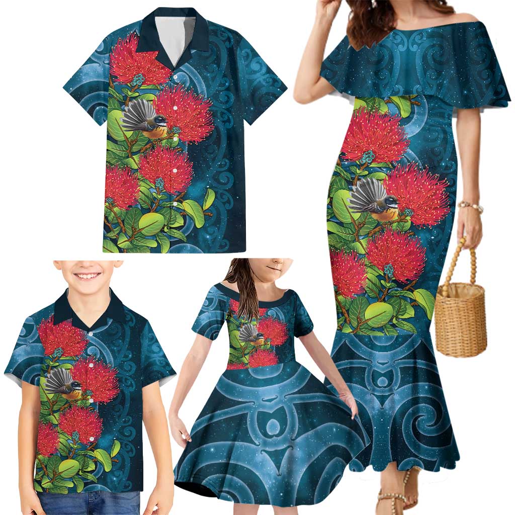 New Zealand Matariki Piwakawaka Family Matching Mermaid Dress and Hawaiian Shirt Maori Koru With Pohutukawa Flowers LT05 - Polynesian Pride