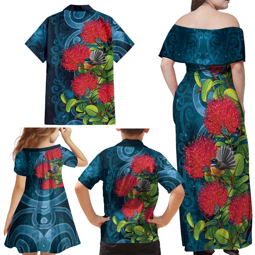 New Zealand Matariki Piwakawaka Family Matching Off Shoulder Maxi Dress and Hawaiian Shirt Maori Koru With Pohutukawa Flowers LT05 - Polynesian Pride