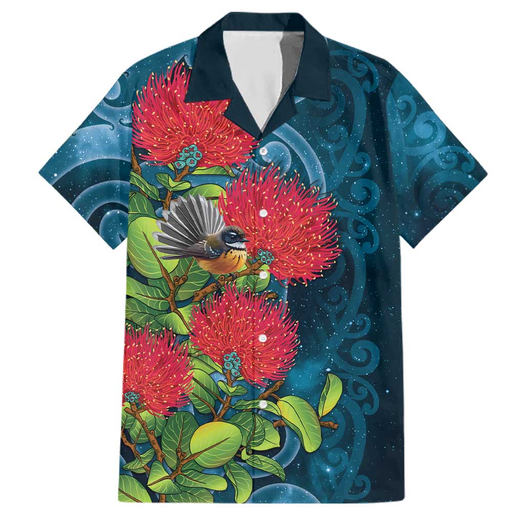 New Zealand Matariki Piwakawaka Family Matching Off Shoulder Maxi Dress and Hawaiian Shirt Maori Koru With Pohutukawa Flowers LT05 Dad's Shirt - Short Sleeve Dark Teal - Polynesian Pride