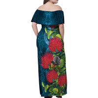 New Zealand Matariki Piwakawaka Family Matching Off Shoulder Maxi Dress and Hawaiian Shirt Maori Koru With Pohutukawa Flowers LT05 - Polynesian Pride