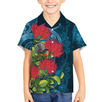 New Zealand Matariki Piwakawaka Family Matching Off Shoulder Maxi Dress and Hawaiian Shirt Maori Koru With Pohutukawa Flowers LT05 Son's Shirt Dark Teal - Polynesian Pride