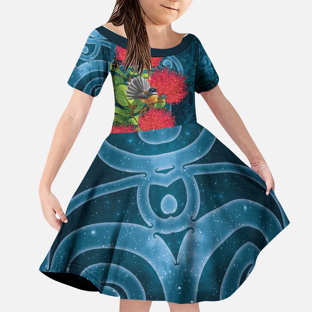 New Zealand Matariki Piwakawaka Family Matching Off Shoulder Short Dress and Hawaiian Shirt Maori Koru With Pohutukawa Flowers LT05 Daughter's Dress Dark Teal - Polynesian Pride