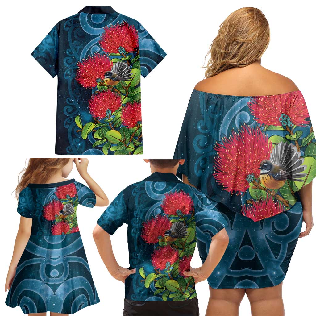 New Zealand Matariki Piwakawaka Family Matching Off Shoulder Short Dress and Hawaiian Shirt Maori Koru With Pohutukawa Flowers LT05 - Polynesian Pride