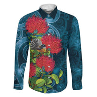 New Zealand Matariki Piwakawaka Family Matching Short Sleeve Bodycon Dress and Hawaiian Shirt Maori Koru With Pohutukawa Flowers LT05 Dad's Shirt - Long Sleeve Dark Teal - Polynesian Pride