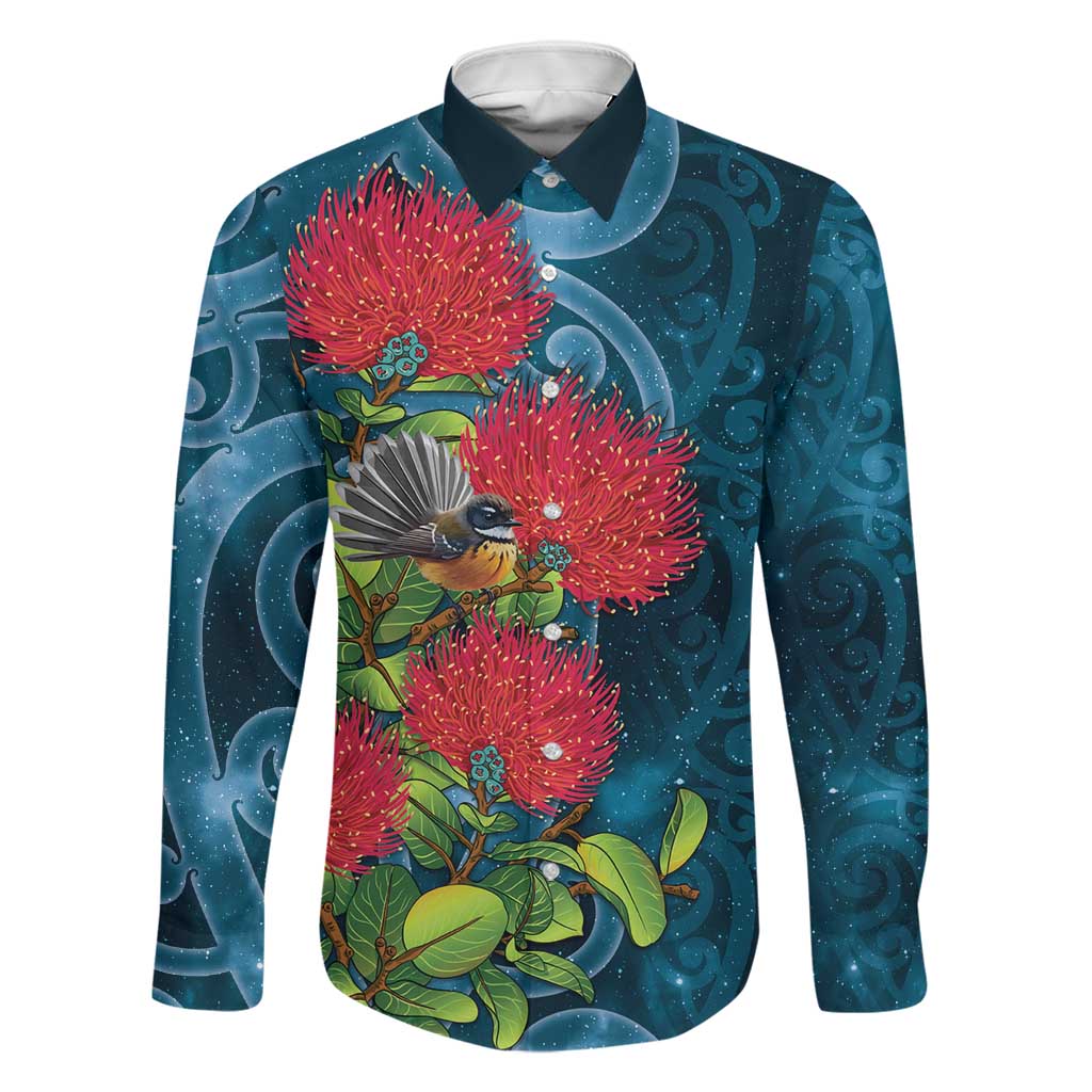 New Zealand Matariki Piwakawaka Family Matching Tank Maxi Dress and Hawaiian Shirt Maori Koru With Pohutukawa Flowers LT05 Dad's Shirt - Long Sleeve Dark Teal - Polynesian Pride