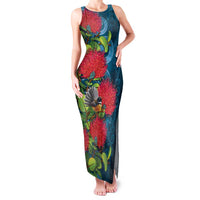 New Zealand Matariki Piwakawaka Family Matching Tank Maxi Dress and Hawaiian Shirt Maori Koru With Pohutukawa Flowers LT05 Mom's Dress Dark Teal - Polynesian Pride