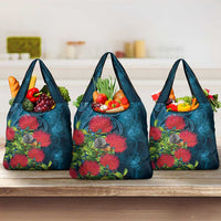 New Zealand Matariki Piwakawaka Grocery Bag Maori Koru With Pohutukawa Flowers LT05 3-pack One Size Dark Teal - Polynesian Pride