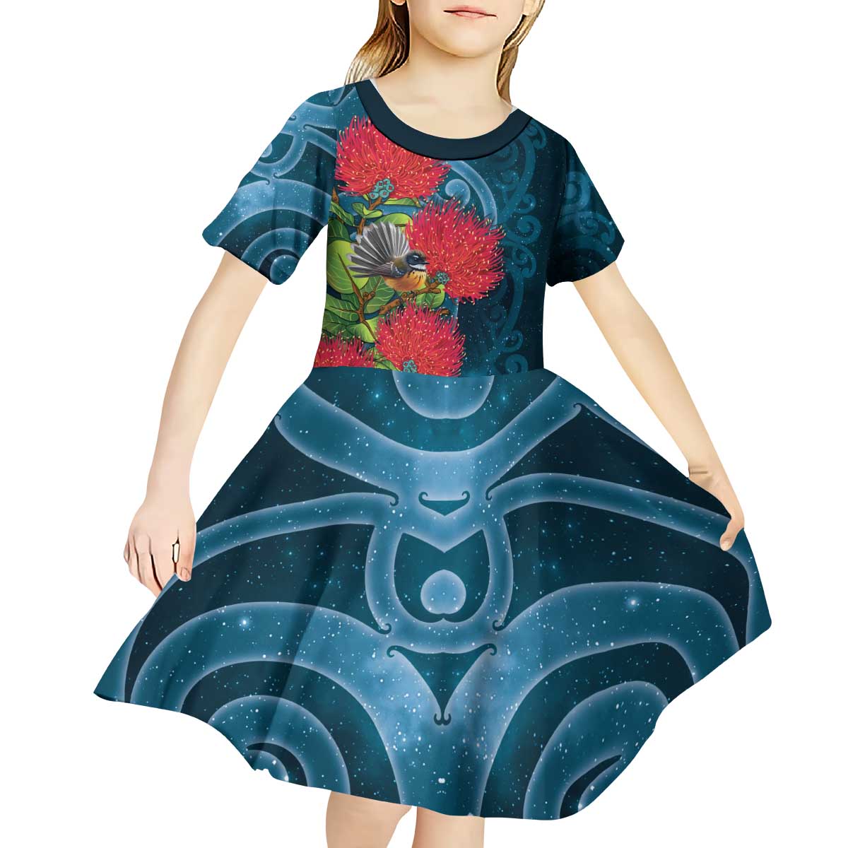 New Zealand Matariki Piwakawaka Kid Short Sleeve Dress Maori Koru With Pohutukawa Flowers