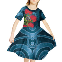 New Zealand Matariki Piwakawaka Kid Short Sleeve Dress Maori Koru With Pohutukawa Flowers