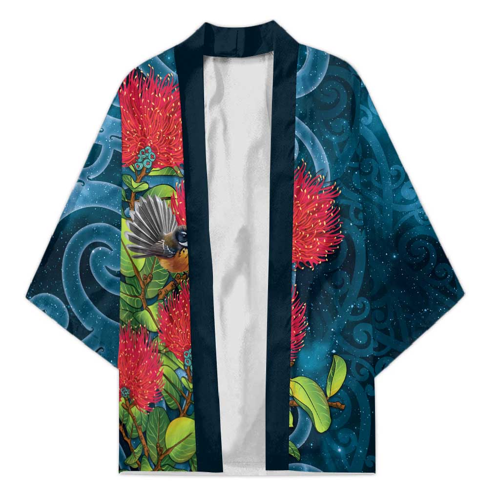 New Zealand Matariki Piwakawaka Kimono Maori Koru With Pohutukawa Flowers LT05 Unisex Dark Teal - Polynesian Pride