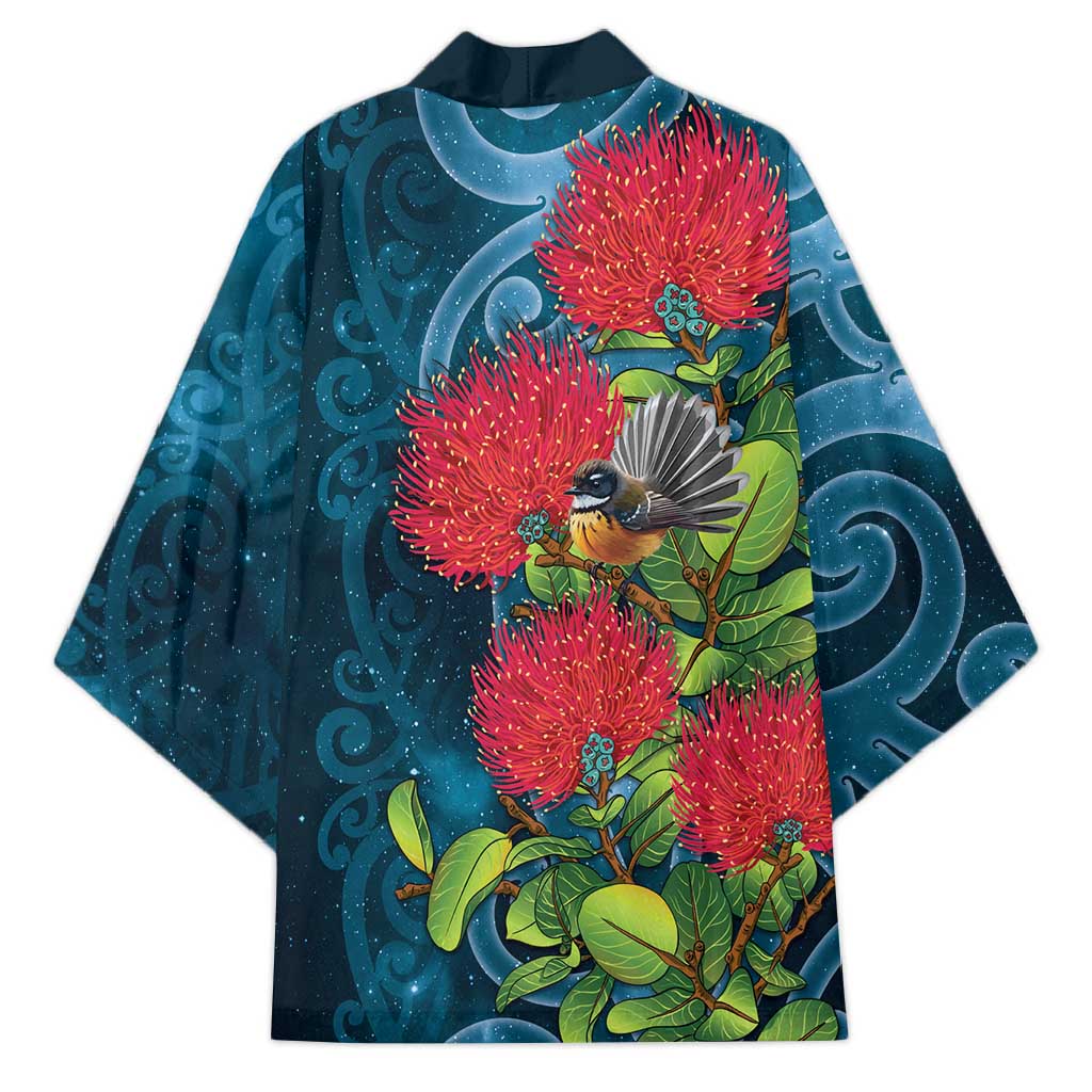 New Zealand Matariki Piwakawaka Kimono Maori Koru With Pohutukawa Flowers LT05 - Polynesian Pride