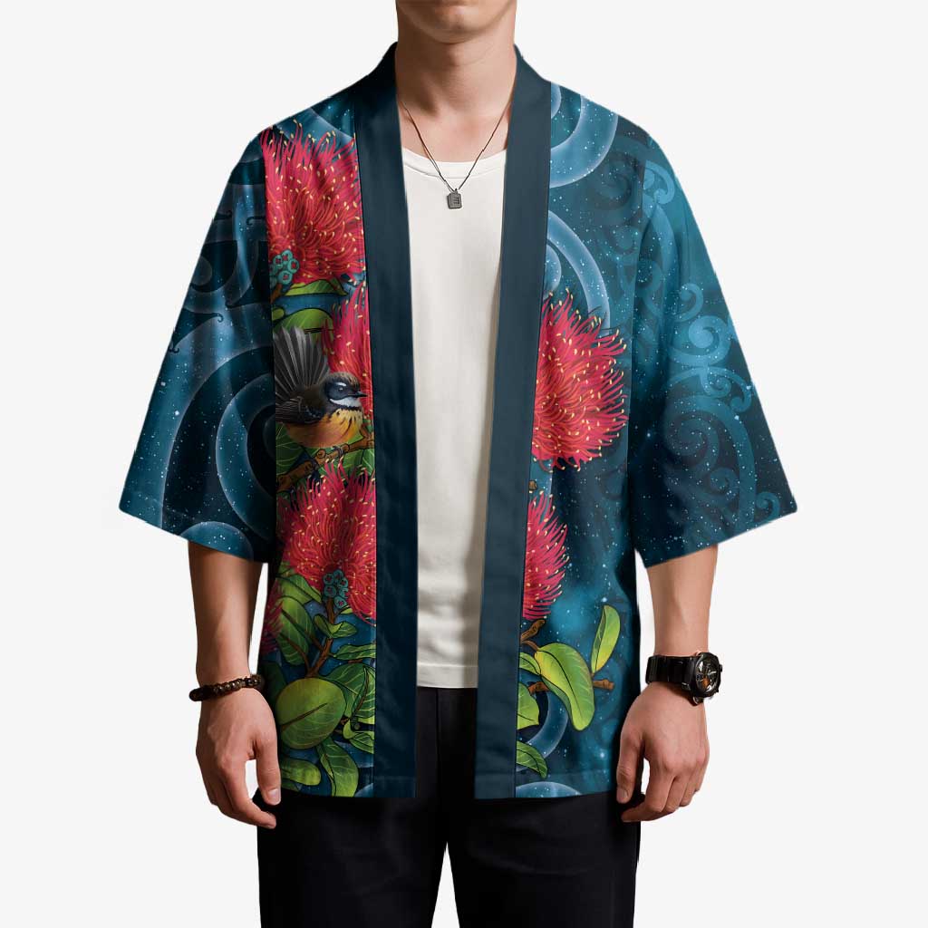 New Zealand Matariki Piwakawaka Kimono Maori Koru With Pohutukawa Flowers LT05 - Polynesian Pride