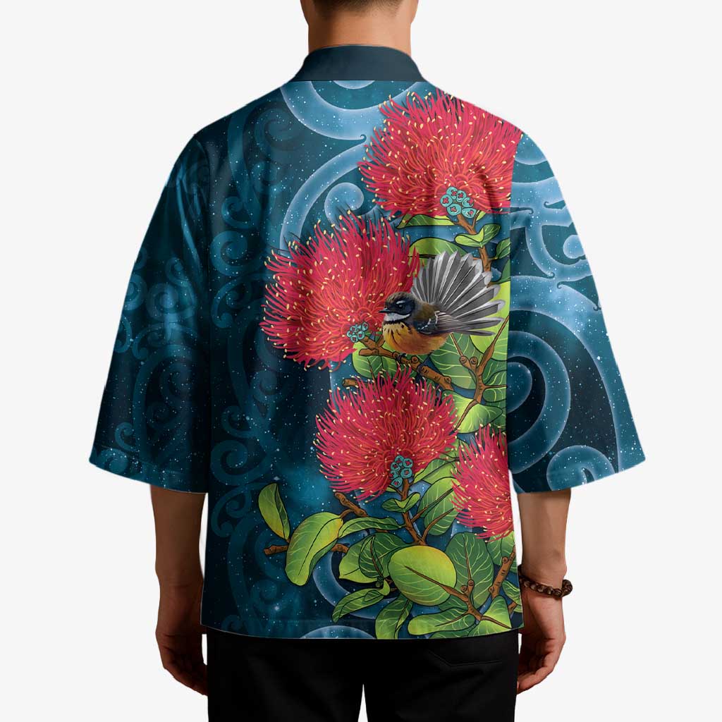 New Zealand Matariki Piwakawaka Kimono Maori Koru With Pohutukawa Flowers LT05 - Polynesian Pride