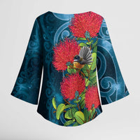 New Zealand Matariki Piwakawaka Kimono Sleeve Blouse Maori Koru With Pohutukawa Flowers