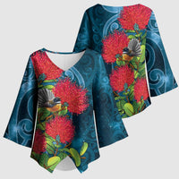 New Zealand Matariki Piwakawaka Kimono Sleeve Blouse Maori Koru With Pohutukawa Flowers