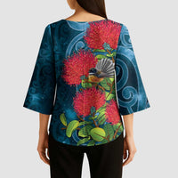 New Zealand Matariki Piwakawaka Kimono Sleeve Blouse Maori Koru With Pohutukawa Flowers