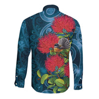 New Zealand Matariki Piwakawaka Long Sleeve Button Shirt Maori Koru With Pohutukawa Flowers LT05 - Polynesian Pride