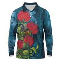 New Zealand Matariki Piwakawaka Long Sleeve Polo Shirt Maori Koru With Pohutukawa Flowers