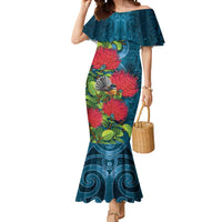 New Zealand Matariki Piwakawaka Mermaid Dress Maori Koru With Pohutukawa Flowers LT05 Women Dark Teal - Polynesian Pride