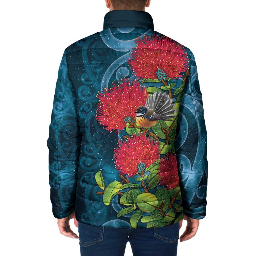New Zealand Matariki Piwakawaka Padded Jacket Maori Koru With Pohutukawa Flowers LT05 - Polynesian Pride