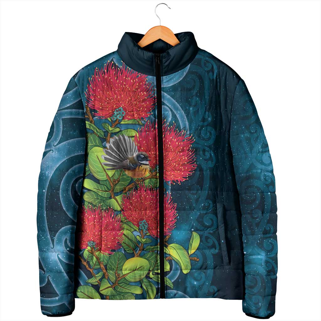 New Zealand Matariki Piwakawaka Padded Jacket Maori Koru With Pohutukawa Flowers LT05 - Polynesian Pride