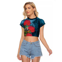 New Zealand Matariki Piwakawaka Raglan Cropped T Shirt Maori Koru With Pohutukawa Flowers